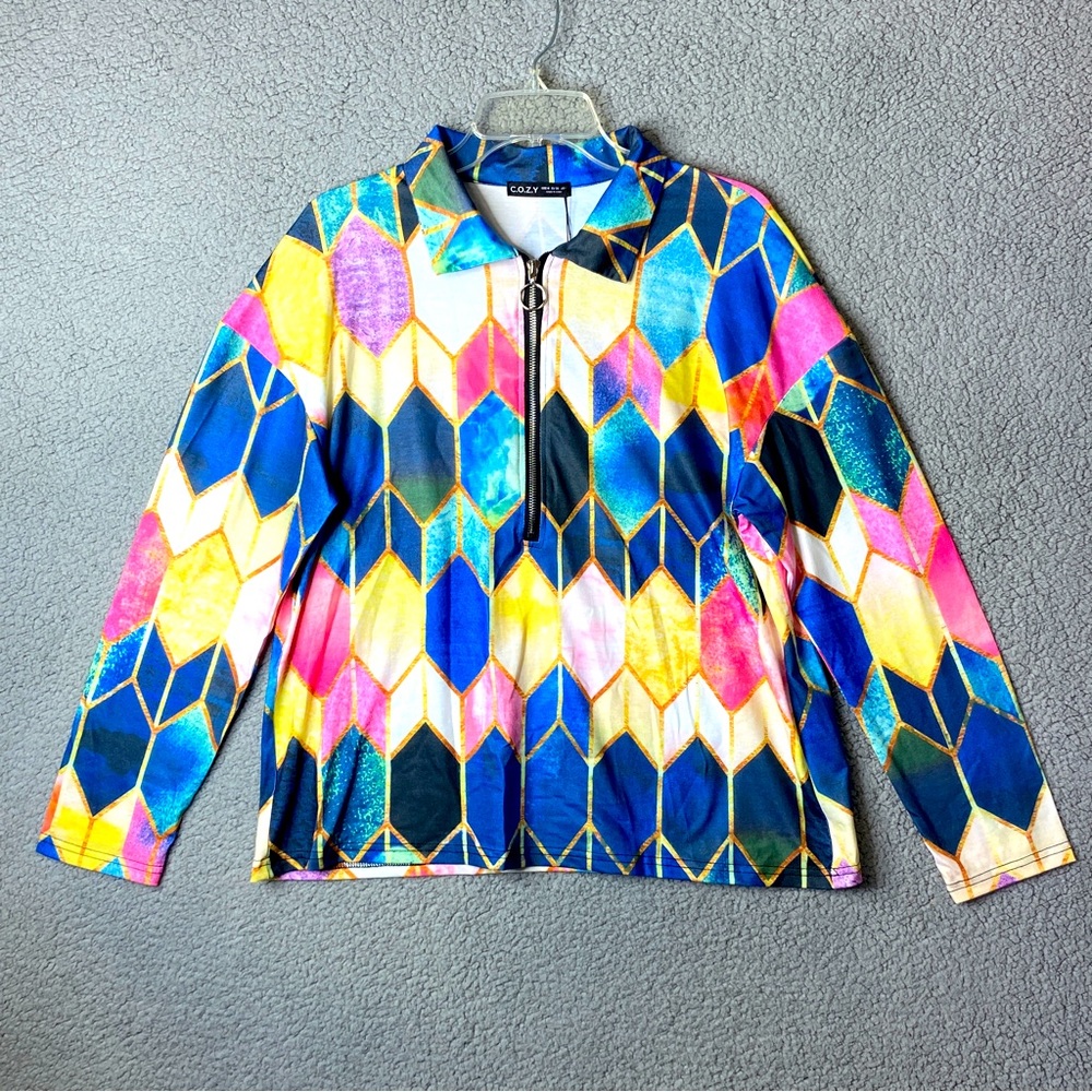 R C.O.Z.Y Shopcizy Top Women Size M Jersey 3/4 Zip Long Sleeve Colorful